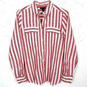 J.Crew Wexel Stripe Linen Shirt Button Up Collared Long Sleeve Red White Size 6